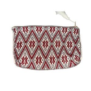 New Red & Gray Diamond Pattern Woven Zip Pouch With Tassel Pull